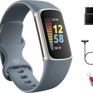 Fitbit Charge 5 Advanced Fitness Tracker with GPS, Heart Rate, Sleep & Health Tracker - Power Bundle with Adapter (Blue Stainless Steel)